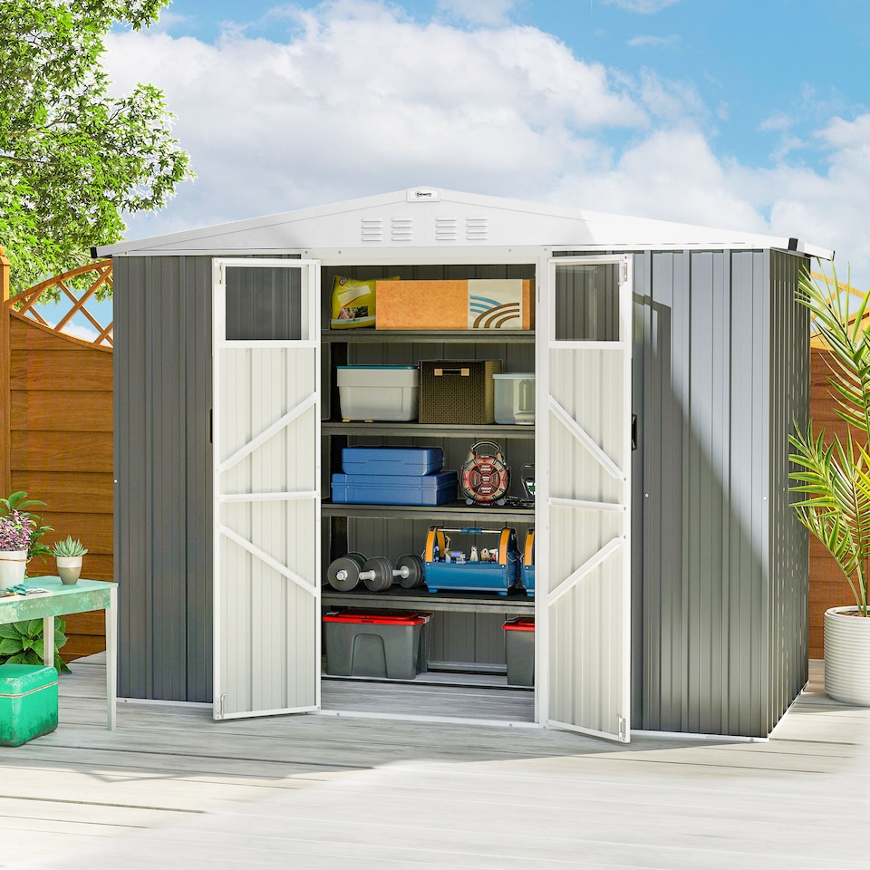 image 1 of Outsunny 8 x 4 ft Garden Storage Shed, Outdoor Metal Shed, Light Grey | Grey | Light Grey | 1