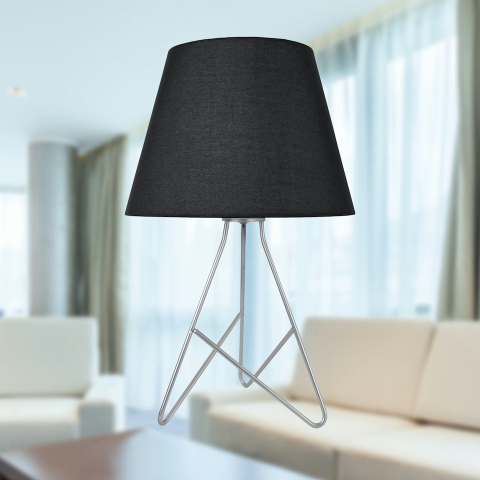 image 1 of Set of 2 Tripod - Silver 42cm Table Lamps With Black Fabric Shades Silver | Black