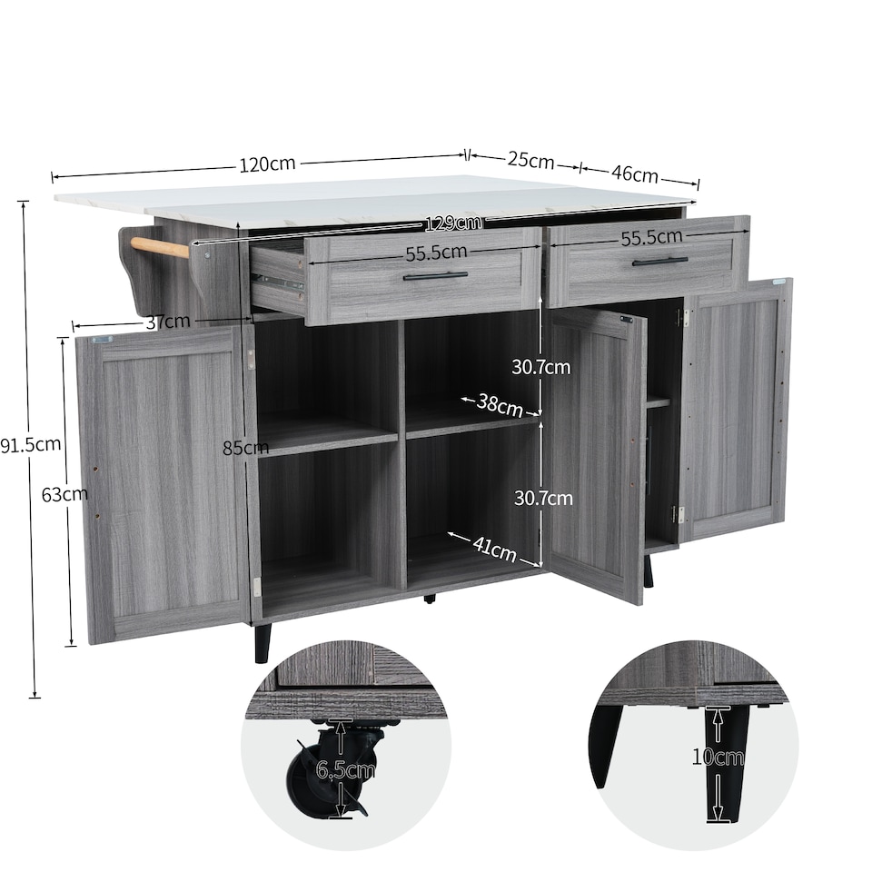 image 1 of VILUXE Mobile Kitchen Island with Foldable Worktop, 2 Drawers, Adjustable Shelves, Towel Rail, Wheels and Solid Wood Feet, Grey and White