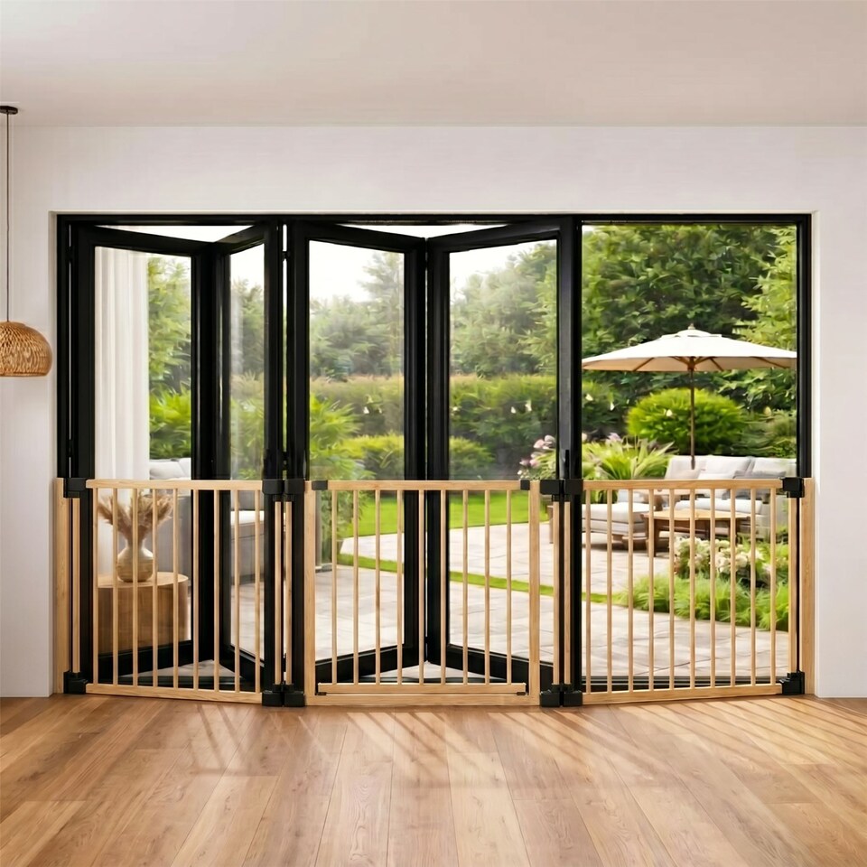 image 1 of Bettacare Wooden Multi Panel Flexible Pet Barrier, Natural Wood, up to 176cm Wide, Dog Barrier for Pets Dogs and Puppy Cream | Natural