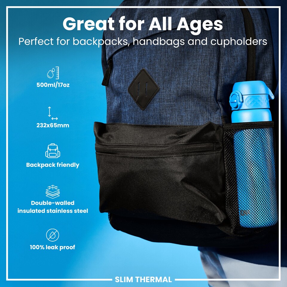 image 1 of Leak Proof Slim Water Bottle, Vacuum Insulated, 500ml (17oz) | Blue | Blue | One Size