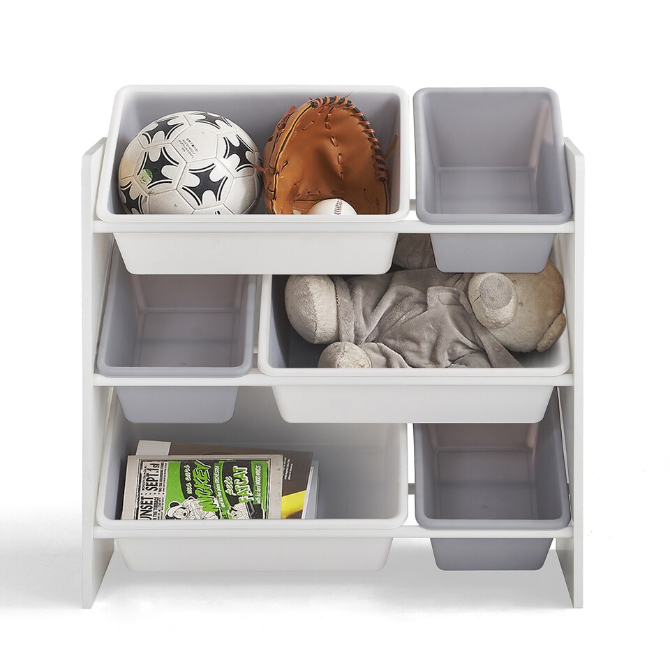 image 1 of Wooden Toy Storage Unit with 6x Removable Toy Boxes - Children's Toy Organiser, 3 Shelves | White | One Size | 1