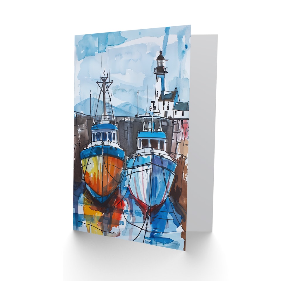 image 1 of Greeting Card Scottish Harbour Fishing Boats and Lighthouse Birthday