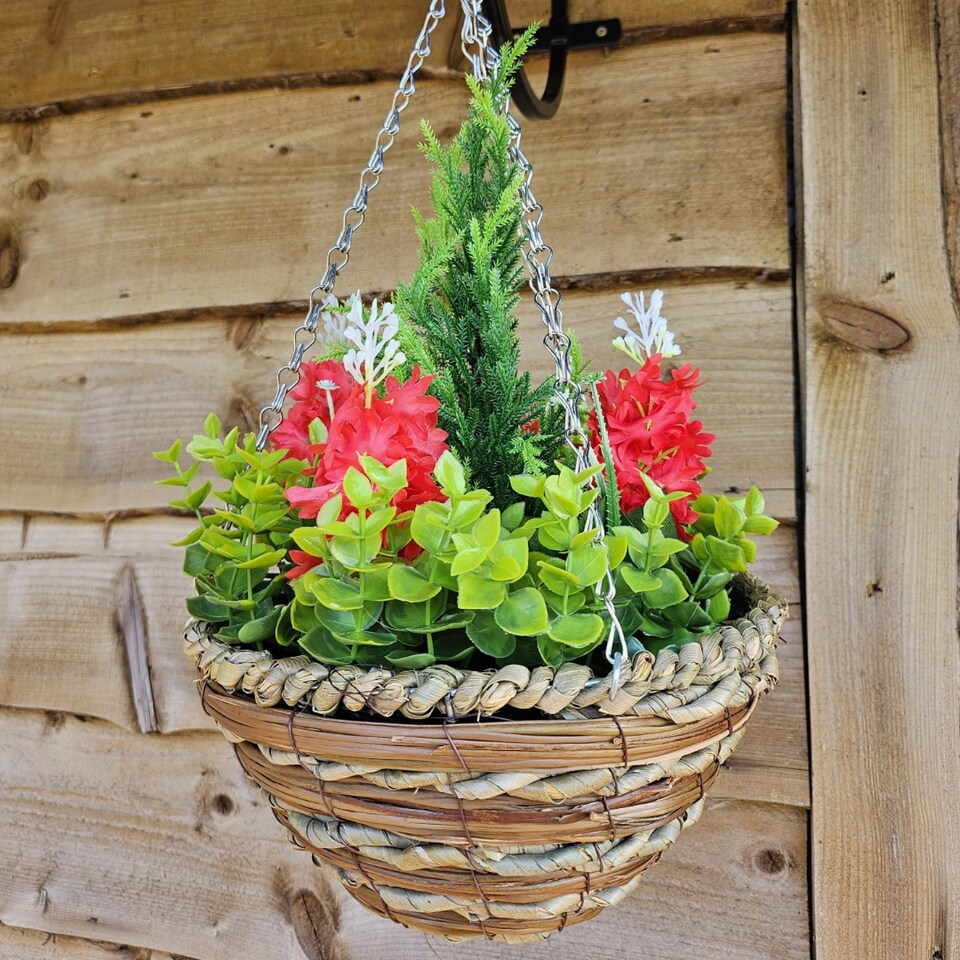 image 1 of Best Artificial 25cm / 10 Inch Red Hyacinth Hanging Basket - Suitable for Outdoor Use - Weather & Fade Resistant | Red | Red | 1