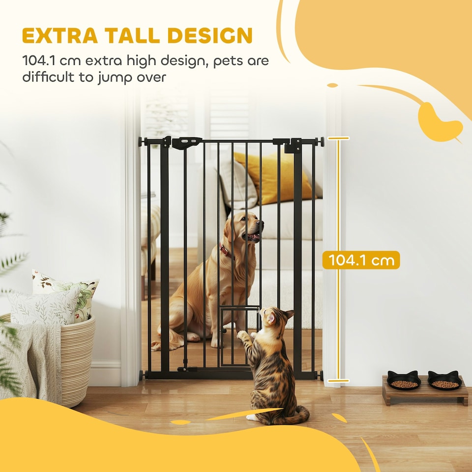 image 1 of PawHut Extra Tall Dog Gate with Cat Door Auto Close for Stairs 74-80 cm Wide