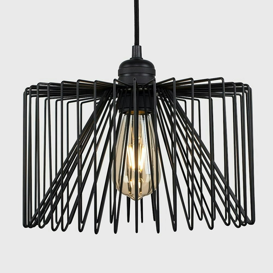 image 1 of ValueLights Casco Matte Black Pendant Light with Black Drum Shade and E27 Pear LED 4W Warm White 2700K Bulb