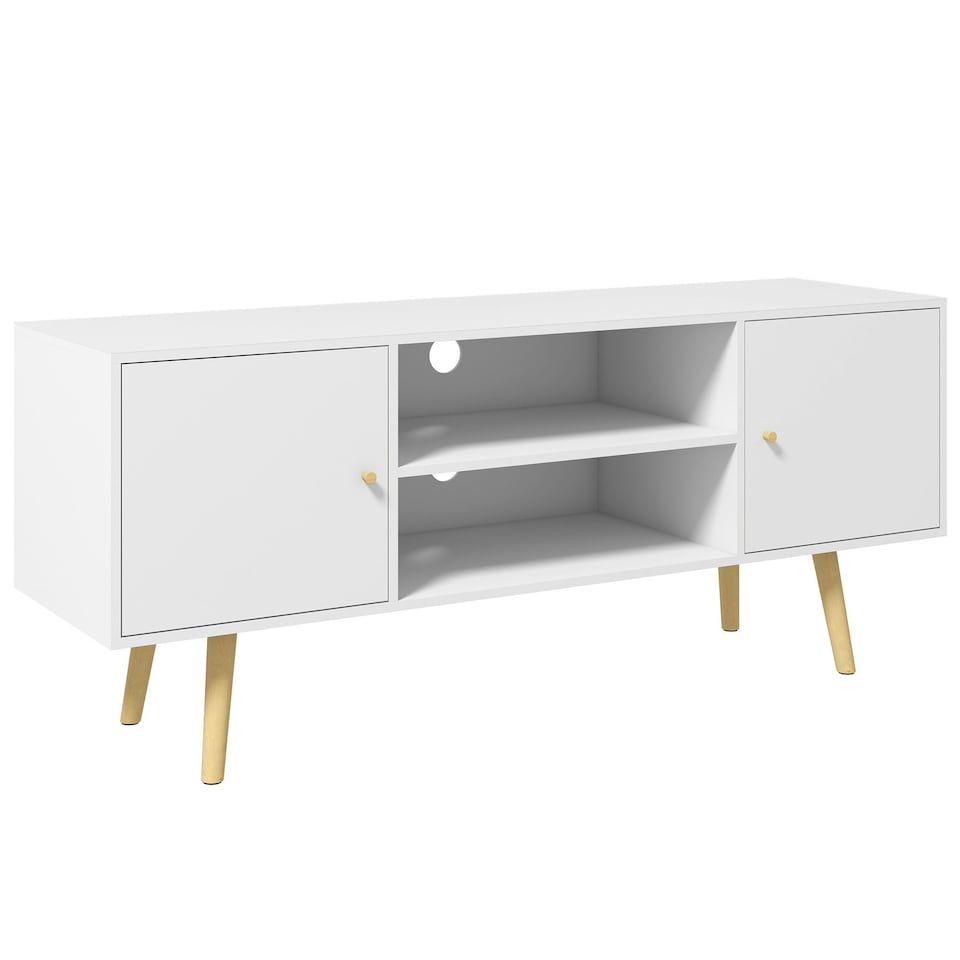 image 1 of HOMCOM TV Stand Cabinet up to 55 Inches, TV Unit with Storage Shelves and Wood Legs for Living Room, Bedroom, White