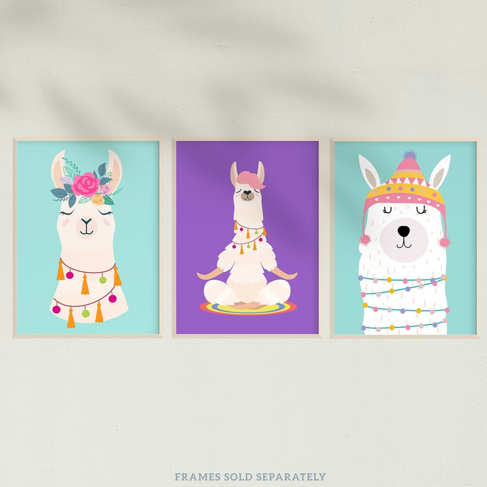 image 1 of Set of 3 Kids Bedroom Happy Llama Yoga Meditation Bright Purple Pastel Blue Wall Art Prints 12x16 Inch