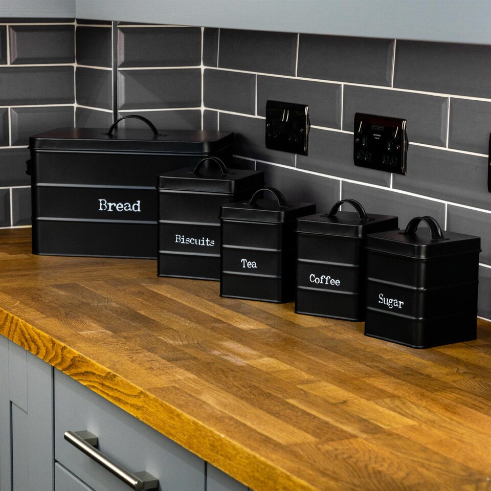 image 1 of Harbour Housewares 5 Piece Vintage Metal Kitchen Canisters Set - Black