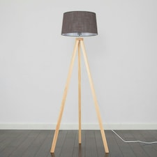 ValueLights Barbro Wood Tripod Floor Lamp Grey Doretta Shade & Bulb Grey