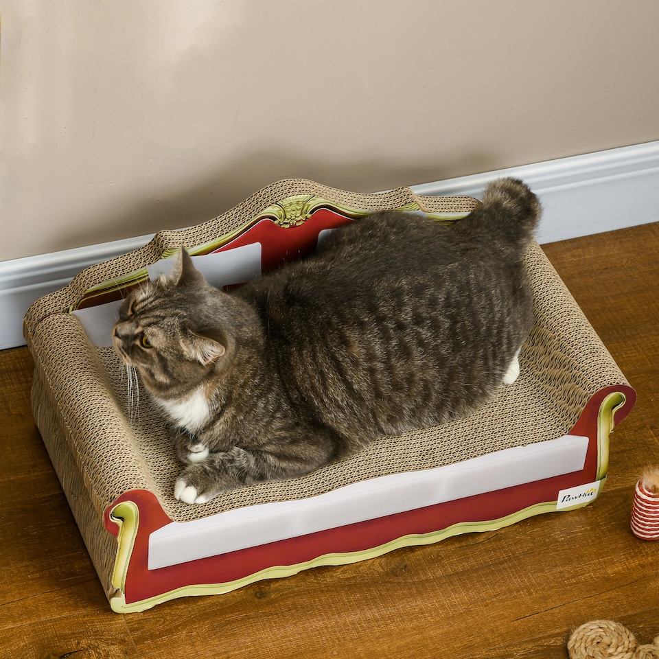 image 1 of PawHut Cat Scratcher Lounge Sofa Cardboard with Catnip, 58 x 29.5 x 29cm