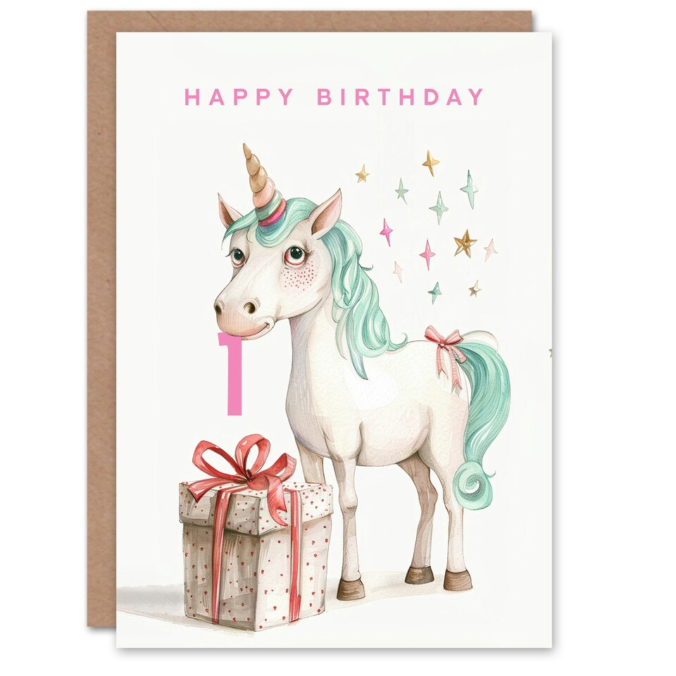 image 1 of 1st Unicorn Stars Present Fun Kids Age 1 Year Old Child Birthday Card