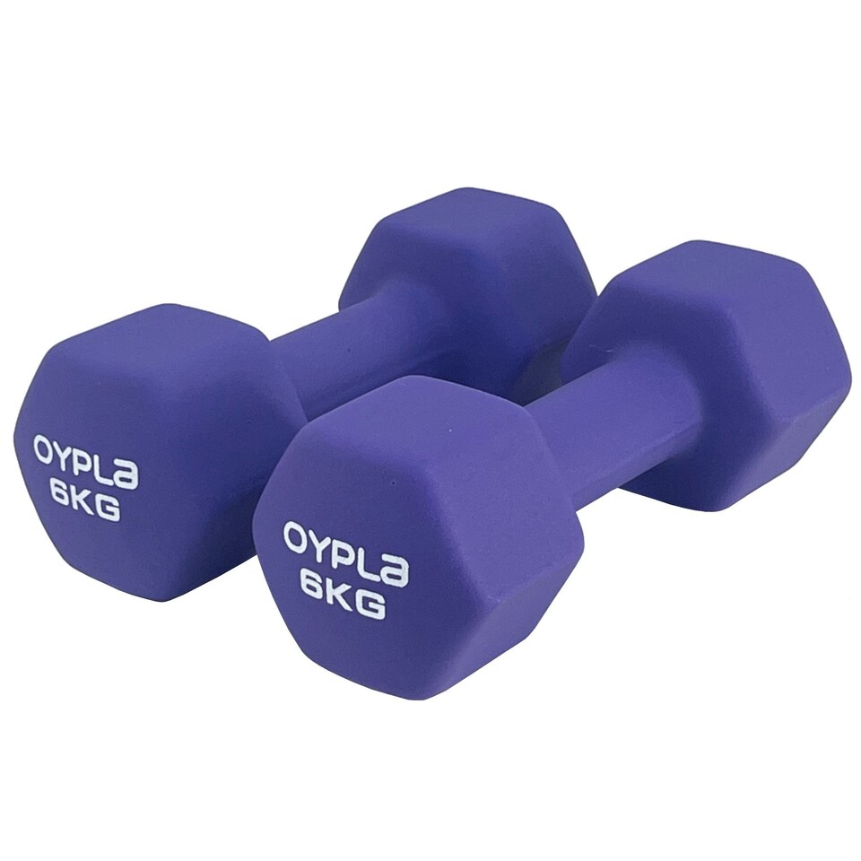 image 1 of Pair of 6kg Hex Anti Roll Neoprene Non Slip Hand Dumbbells Workout Weights