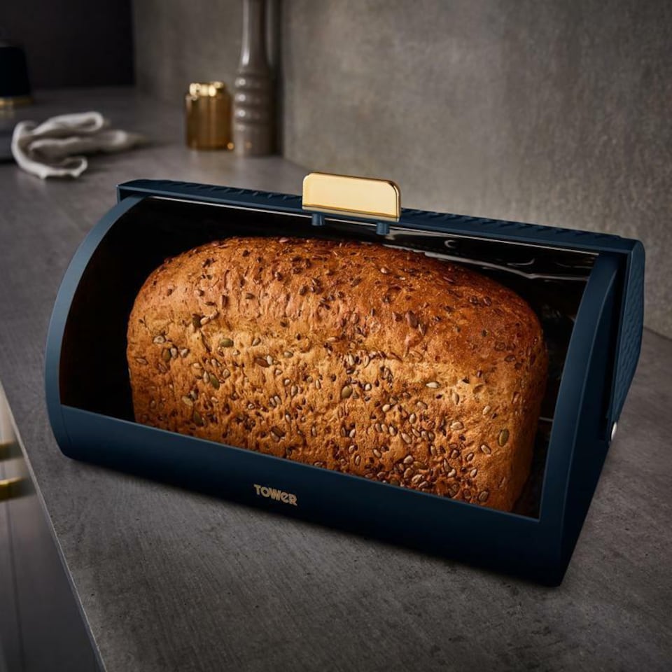 image 1 of Tower Empire Roll Top Bread Bin Midnight Blue & Brass Accents Kitchen Storage