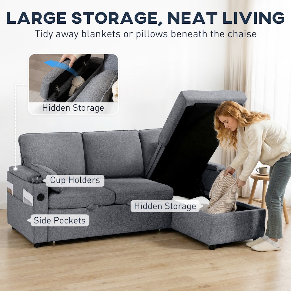 image 1 of HOMCOM Corner Sofa Bed, L Shaped Sofa with Storage Chaise, USB Ports | Grey | Grey | 205W x 136.5D x 85H cm