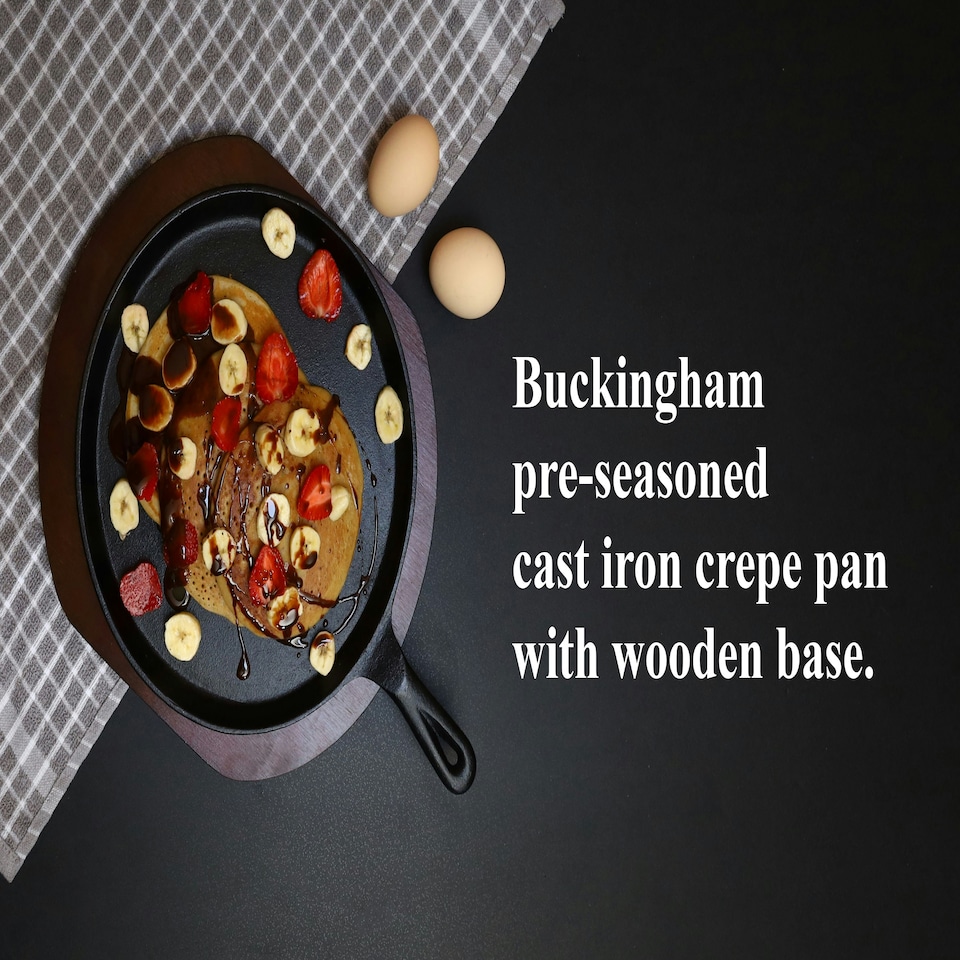 image 1 of Buckingham Pre-Seasoned Cast Iron Griddle Crepe Pan 27 cm with Wooden Base