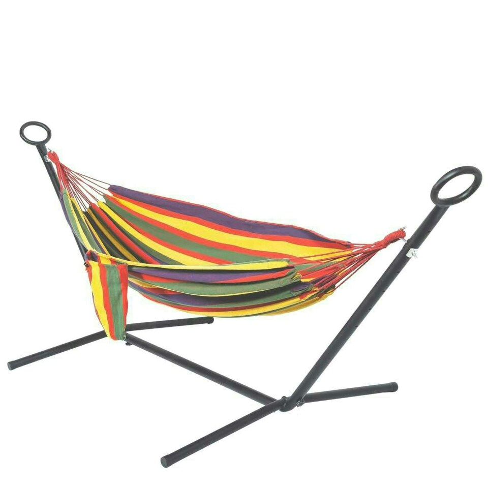 image 1 of Primrose Outdoor Double Hammock with Steel Hammock Stand and Carry Bag Included