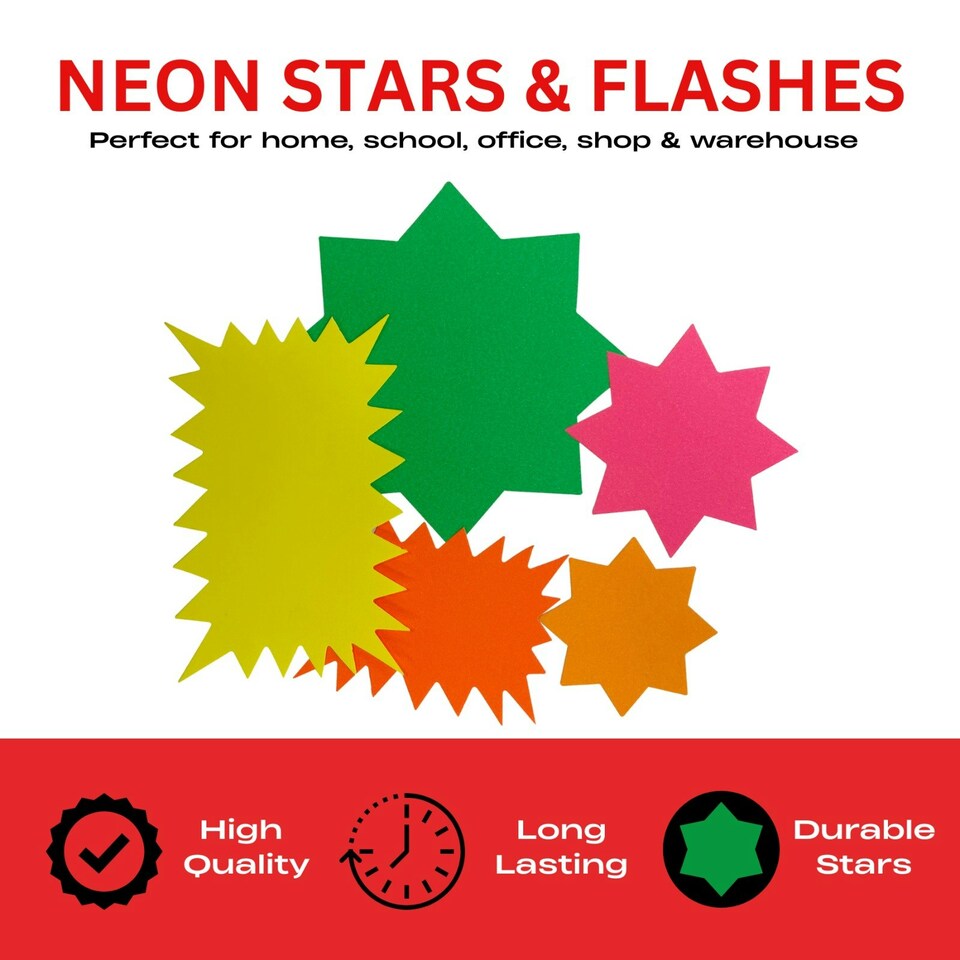 image 1 of Pack of 50 Assorted Coloured Neon Fluorescent Stars & Flashes in Assorted Size