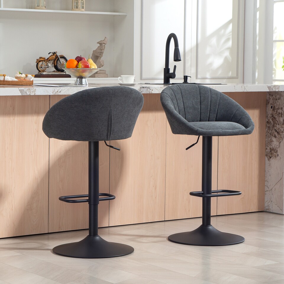 image 1 of HOMCOM Bar Stools Set of 2, Upholstered Swivel Barstools, Height Adjustable Breakfast Bar Chairs with Backrest and Footrest for Kitchen Island Counter, Dining Room, Dark Grey | Grey
