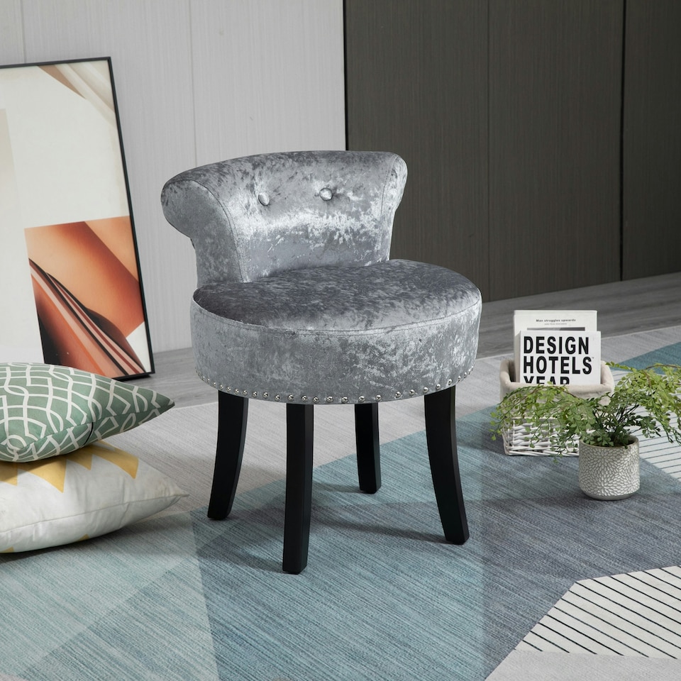image 1 of HOMCOM Dressing Table Stool Vanity Seat w/ Rubber Wood Legs Bedroom - Grey