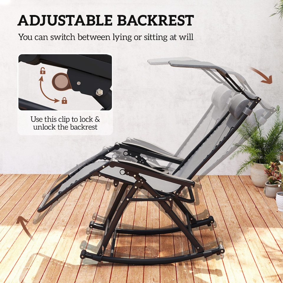 image 1 of Outsunny Garden Rocking Chair Folding Recliner Outdoor Adjustable Sun Lounger Rocker Zero-Gravity Seat with Headrest Side Holder Patio Deck - Grey