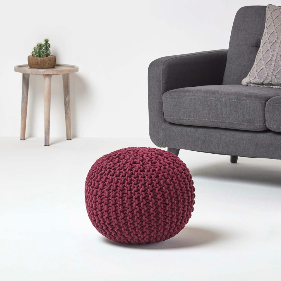 image 1 of Homescapes Plum Round Cotton Knitted Pouffe Footstool - 35 x 40 cm