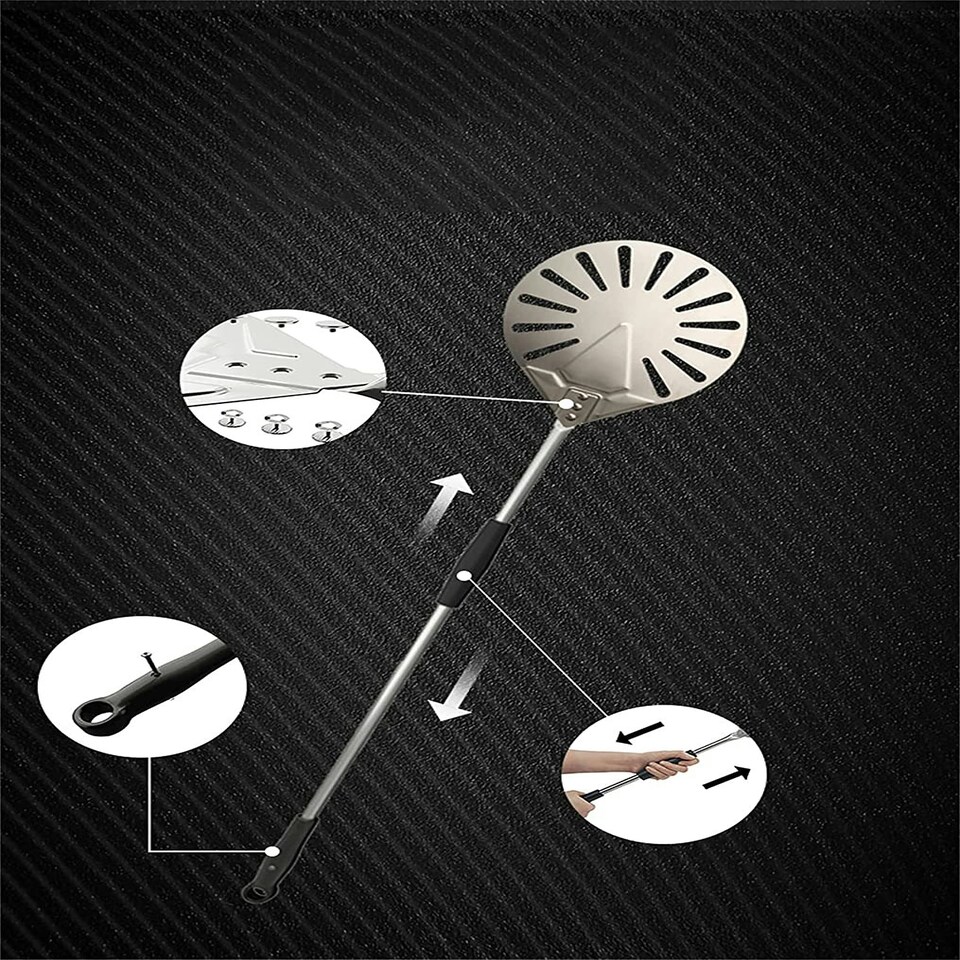 image 1 of Pizza Peel Paddle 9" 23cm Aluminium Round Perforated Oven Adjustable Detachable