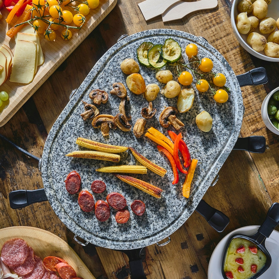 image 1 of Cooks Professional Electric Raclette Grill with Stone Plate 8 Cheese Fondue Pans