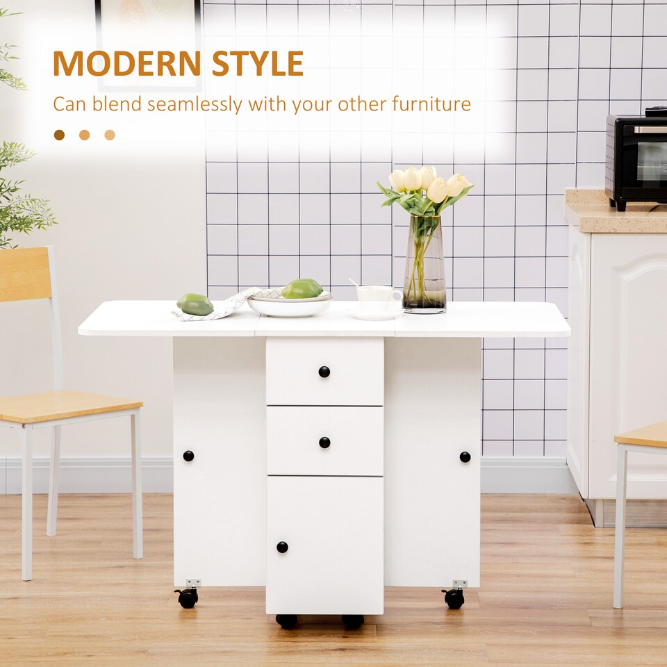 image 1 of HOMCOM Folding Dining Table for 4-6 Drop Leaf Table on Wheels White