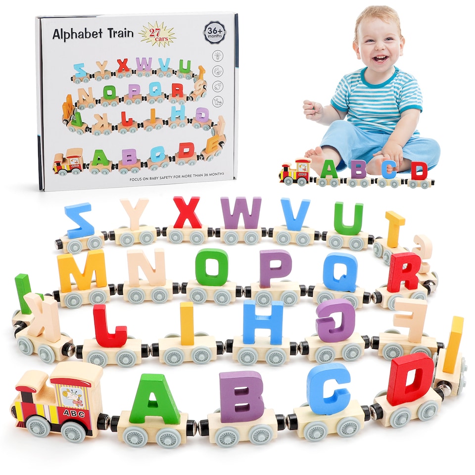 image 1 of A to Z Wooden Alphabet Train Set for Toddlers