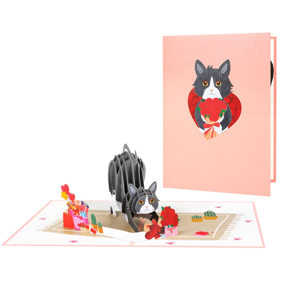 image 1 of Cat with Red Roses 3D Pop Up Valentine’s Day Card