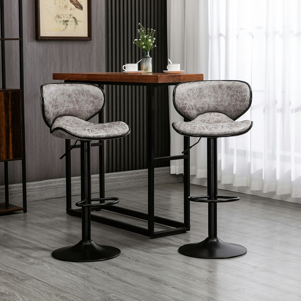 image 1 of HOMCOM Bar Stool Set of 2 Microfiber Cloth Adjustable Armless Chairs Grey