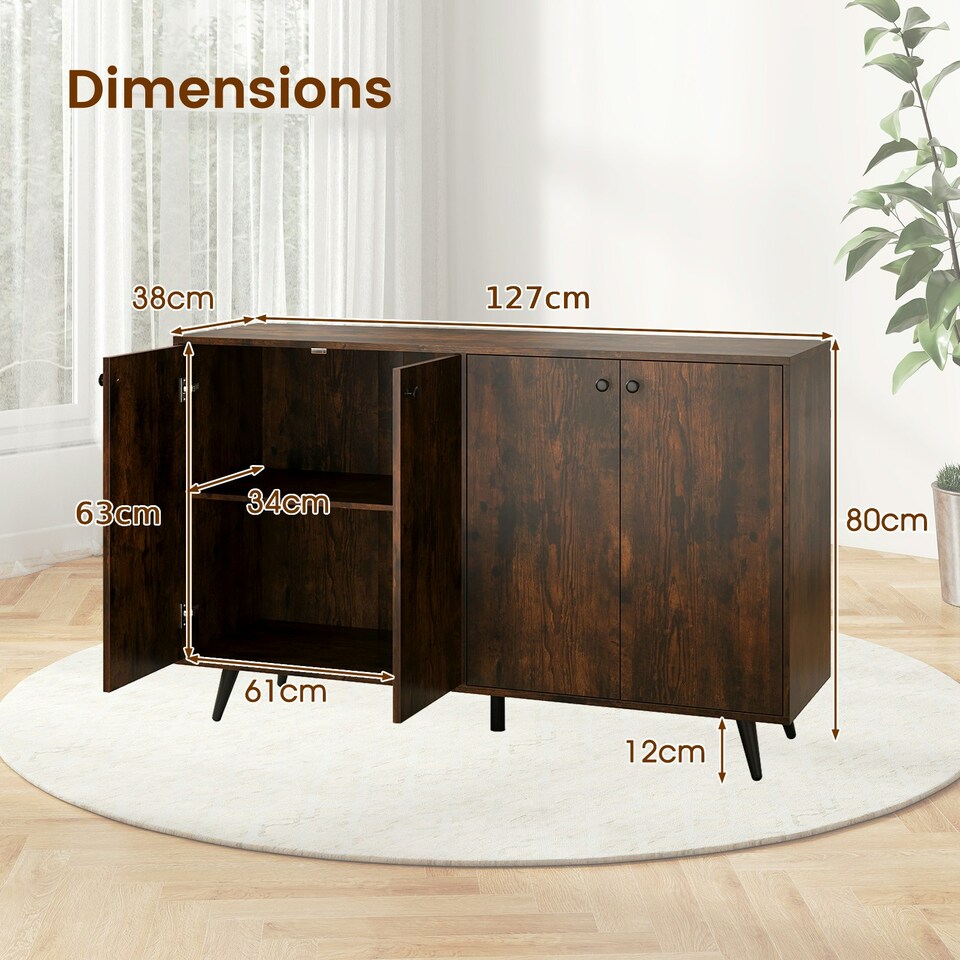image 1 of COSTWAY Buffet Sideboard Modern 4-Door Storage Cabinet Brown Brown