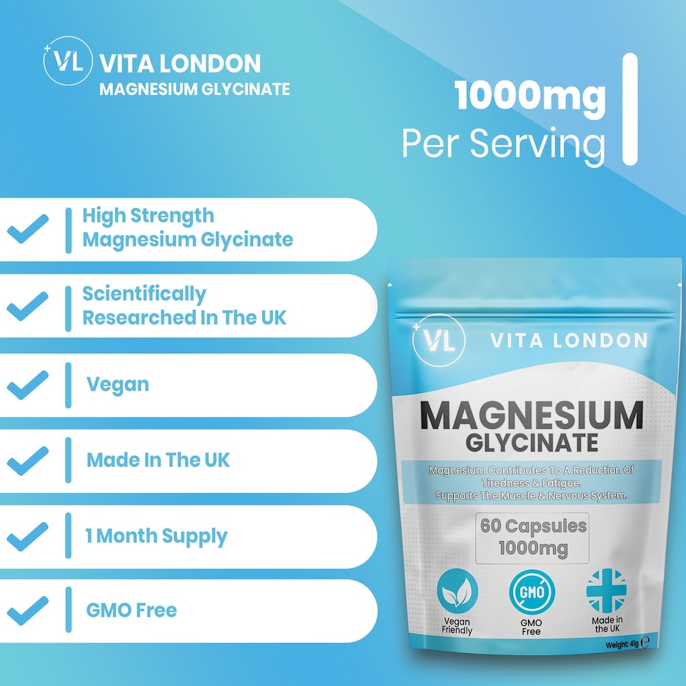 image 1 of Magnesium Glycinate Capsules - 1000mg - High Strength - 60 Capsules