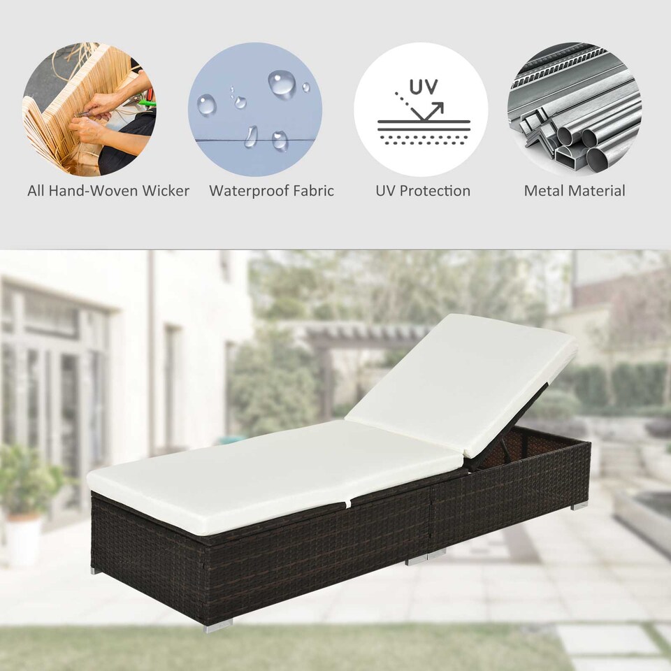 image 1 of Outsunny PE Rattan Sun Lounger, Five-level Adjustable Recliner Bed Chair with Soft Padded Cushion for Patio, Garden, Mixed Brown