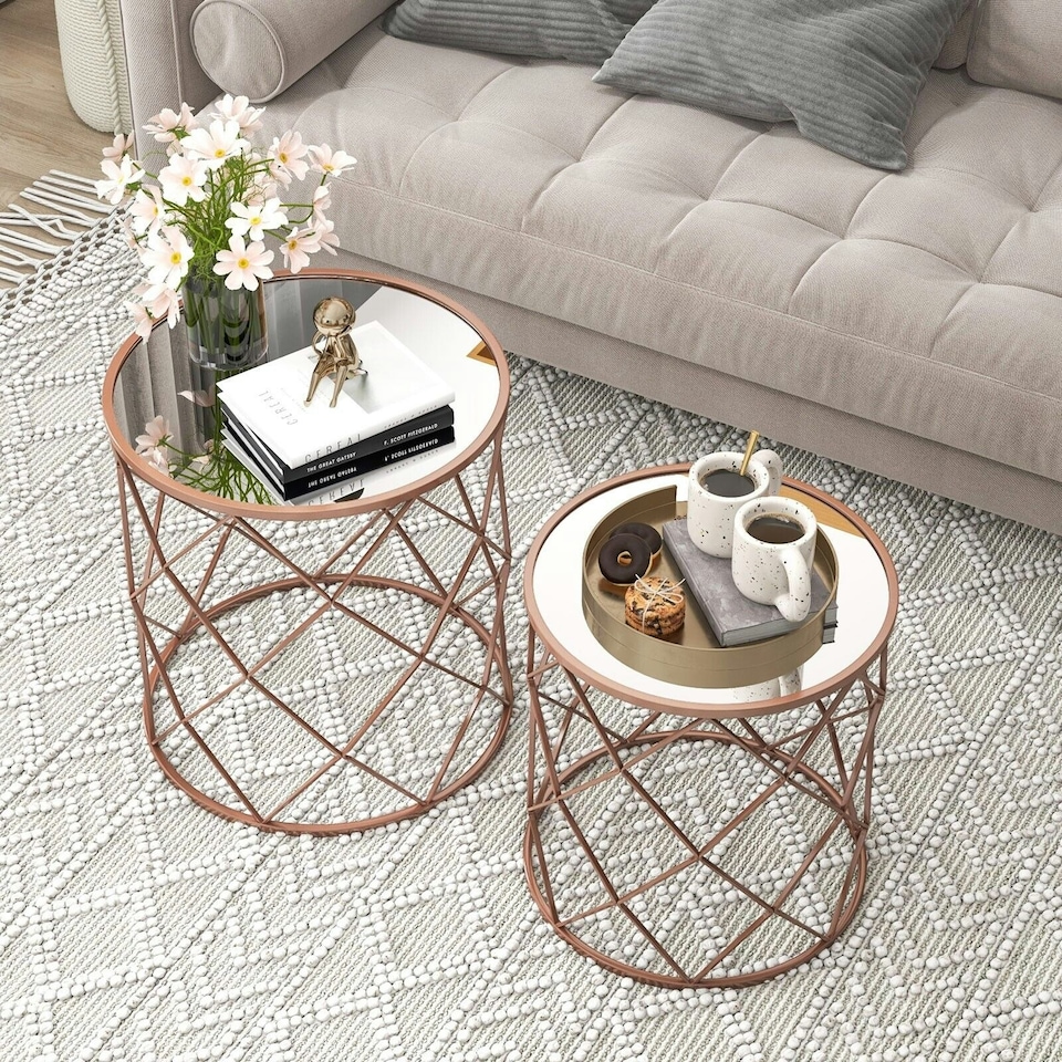 image 1 of COSTWAY Set of 2 Stackable Round Coffee Table W/Mirrored Top Yellow