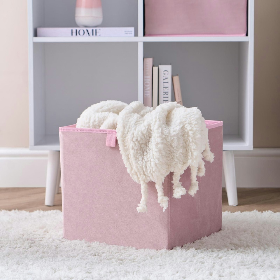 image 1 of OHS 2 Pack Folding Storage Cubes Soft Matte Velvet Collapsible Home Modern Storage Organiser Space Saving Square Ottoman Boxes Pink | Blush Pink