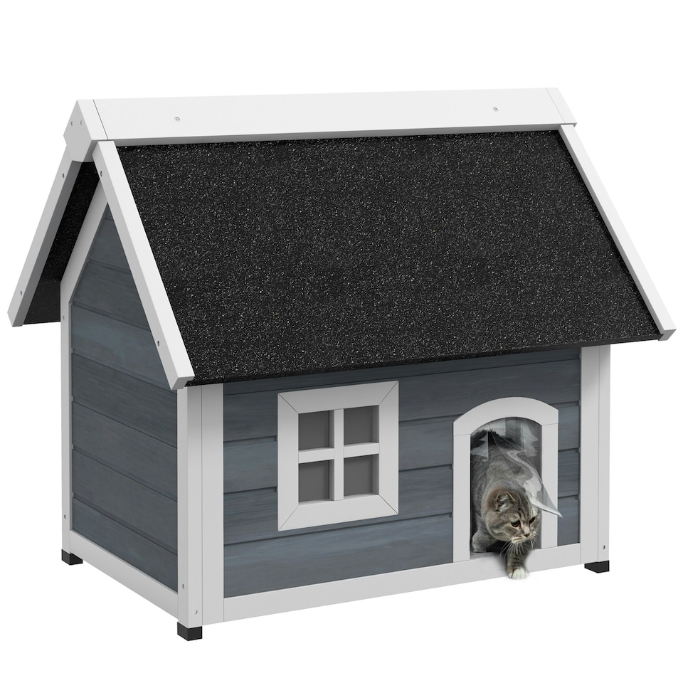image 1 of PawHut Outdoor Feral Cat House with Openable Asphalt Roof - Grey