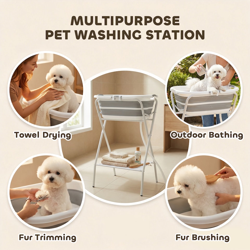 image 1 of PawHut 27L Dog Bath Tub Foldable Pet Bathtub with Stand Grey