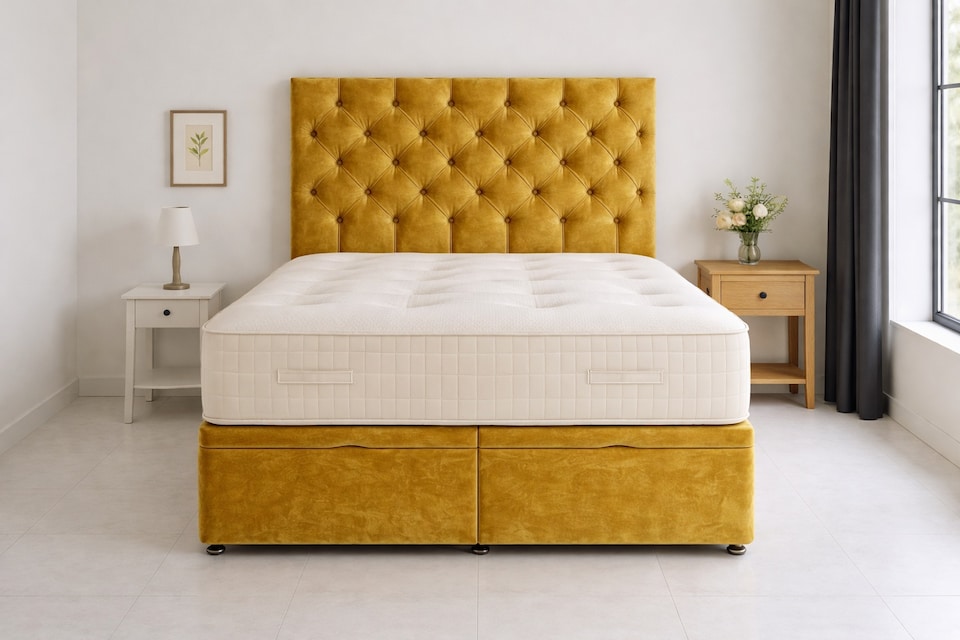 image 1 of Under Bed Storage Crush Velvet Gold 4ft6 Double Set Mattress and Headboard
