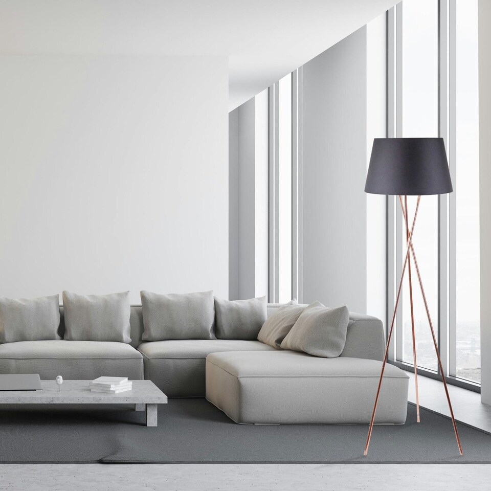 image 1 of First Choice Lighting Pair Copper Tripod Floor Lamp with Black Fabric Shade Copper | Black
