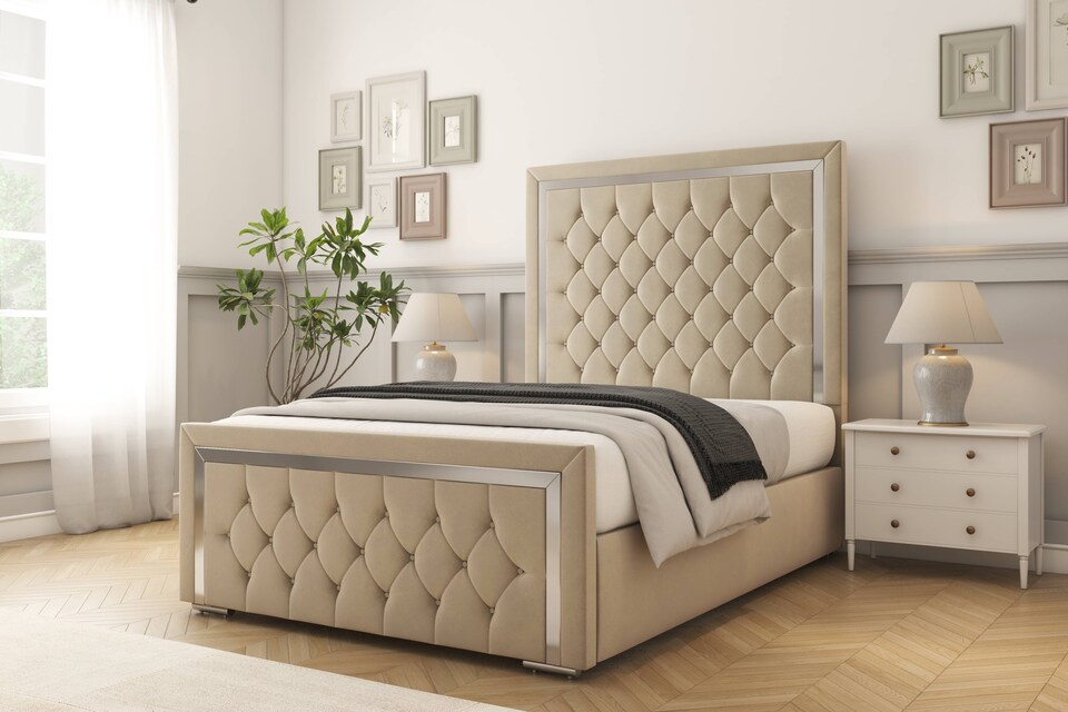image 1 of Sloomy Sofia Chrome Almond Coniston Bed Frame With Mattress With 50" Upholstered Headboard 4'6 Double