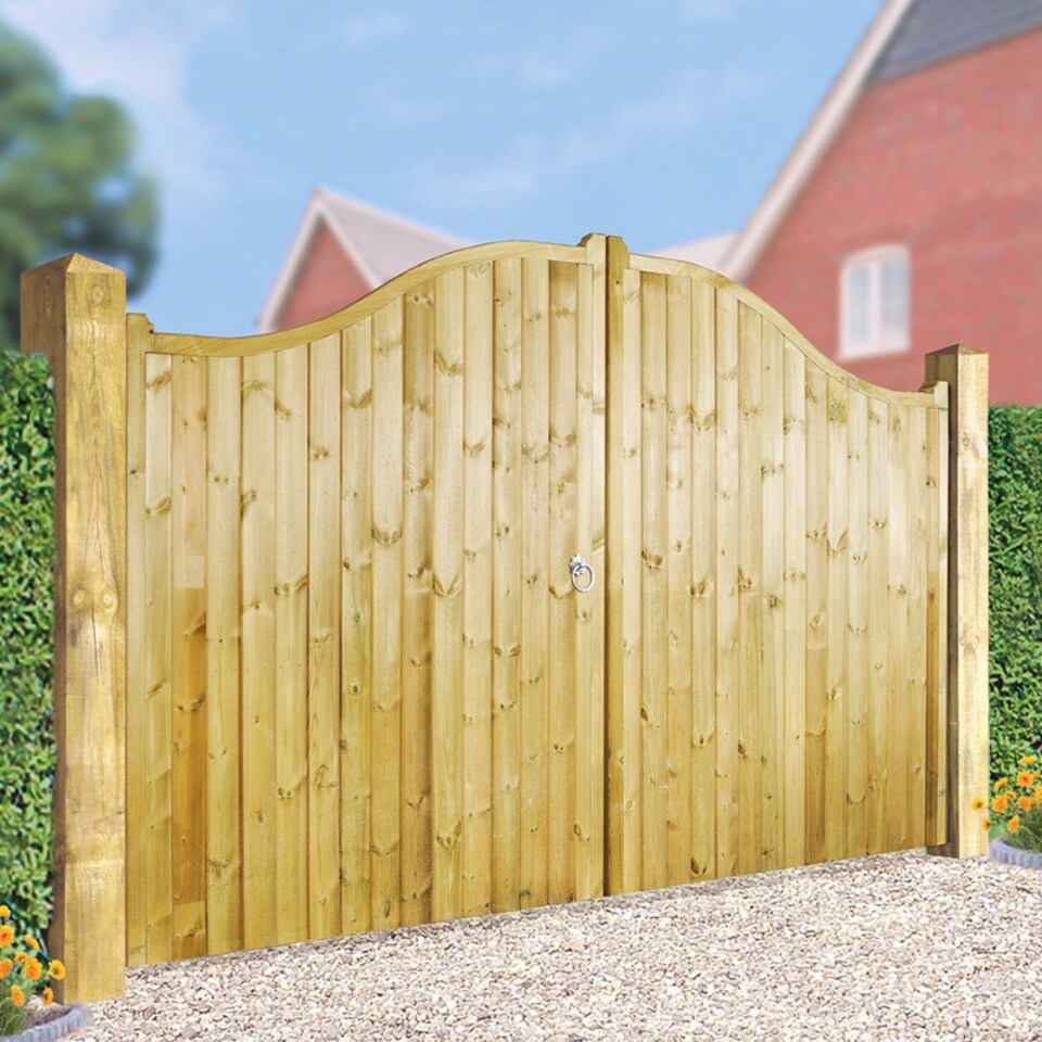 image 1 of Drayton Tall Shaped Top Double Gate - Pressure Treated Scandinavian Redwood - W2400 x H1800 mm | Brown | 1