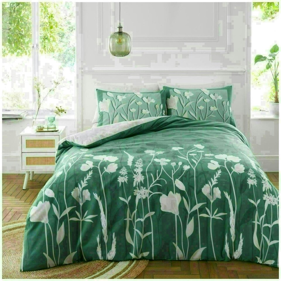 image 1 of Gigi Floral Printed Duvet Cover Set Reversible Polycotton Beddings Green | Double