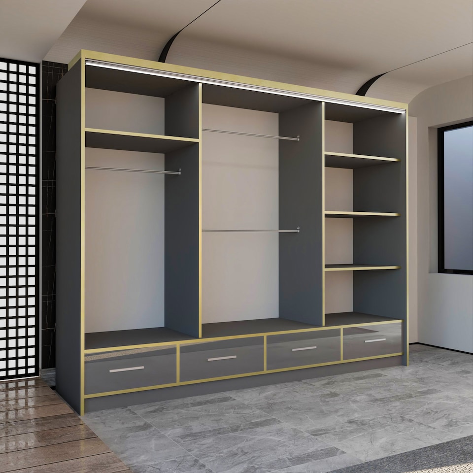 image 1 of Sliding Wardrobes 4U Sydney High Gloss Sliding Wardrobe with Mirror, LED & Drawers - 203cm or 253cm | Grey | Grey203cm | 253cm