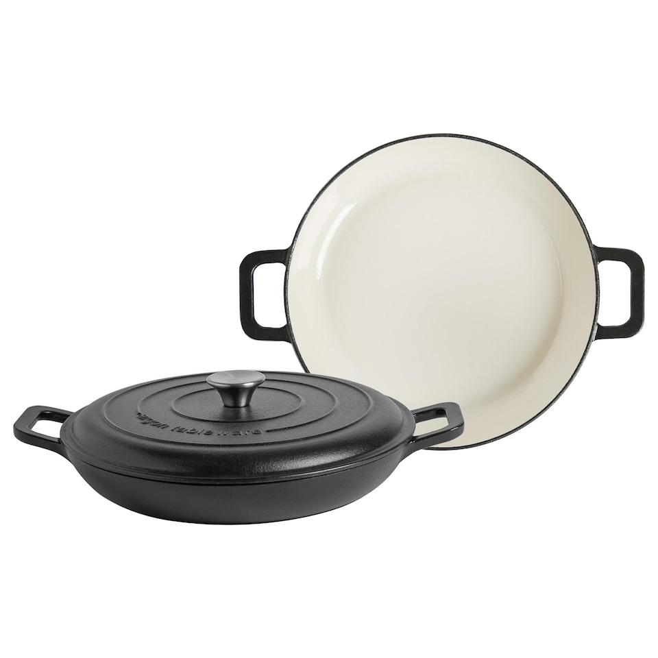 image 1 of Argon Tableware Cast Iron Shallow Casserole Dishes - Enameled Dutch Oven - Self-Basting Lid - Hob to Oven - 3.5 Litre - Matt Black - Pack of 2 | Black | Matt Black