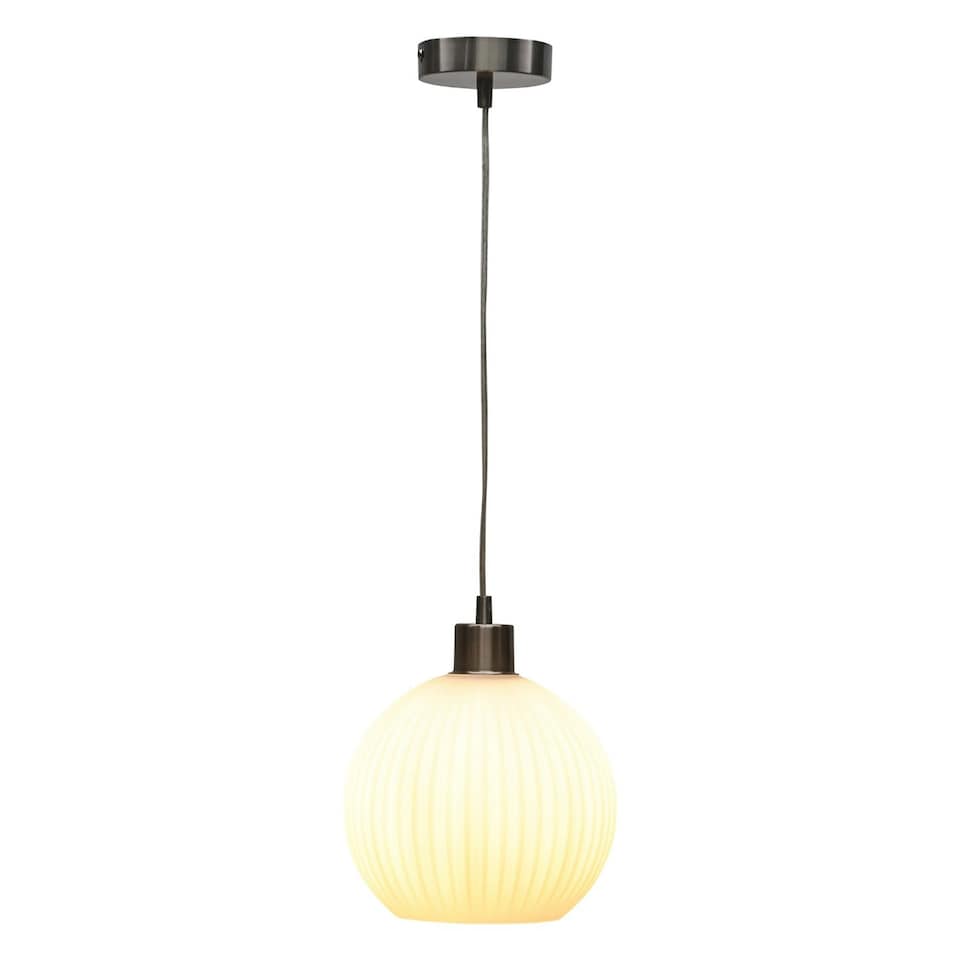 image 1 of First Choice Lighting Betchley White Ribbed Glass Globe with Satin Nickel Pendant Fitting Silver | White