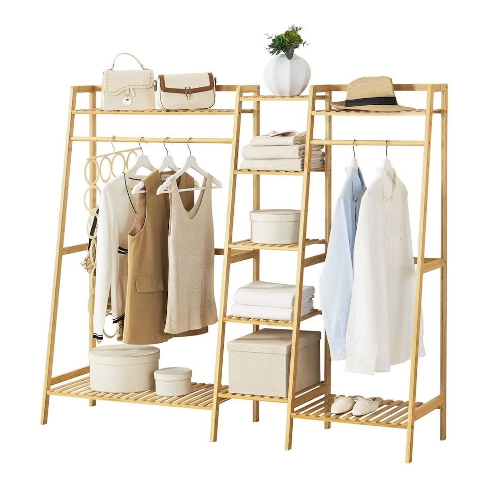 image 1 of Neo Natural Bamboo Freestanding Open Clothes Rack Storage Rail Coat Stand Shelf Hanging Entryway Bedroom Bathroom and Office