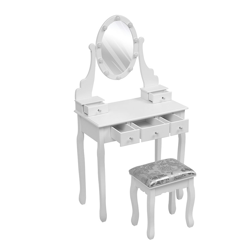 image 1 of Living and Home Lighted Makeup Vanity Desk with Mirror and Stool - White
