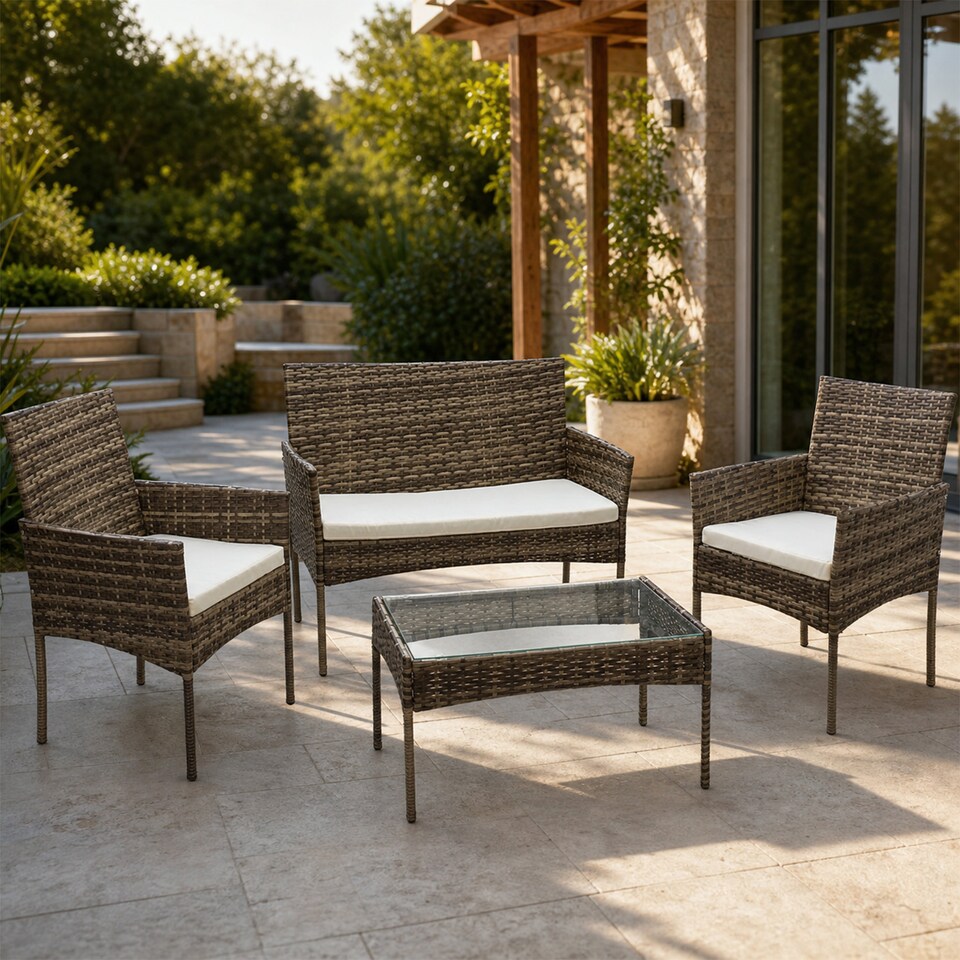 image 1 of Alivio 4 Piece Rattan Sofa Set Patio Furniture with Coffee Table Weather Resistant UV Protected Cushions for Indoor Outdoor Use | Grey | 1
